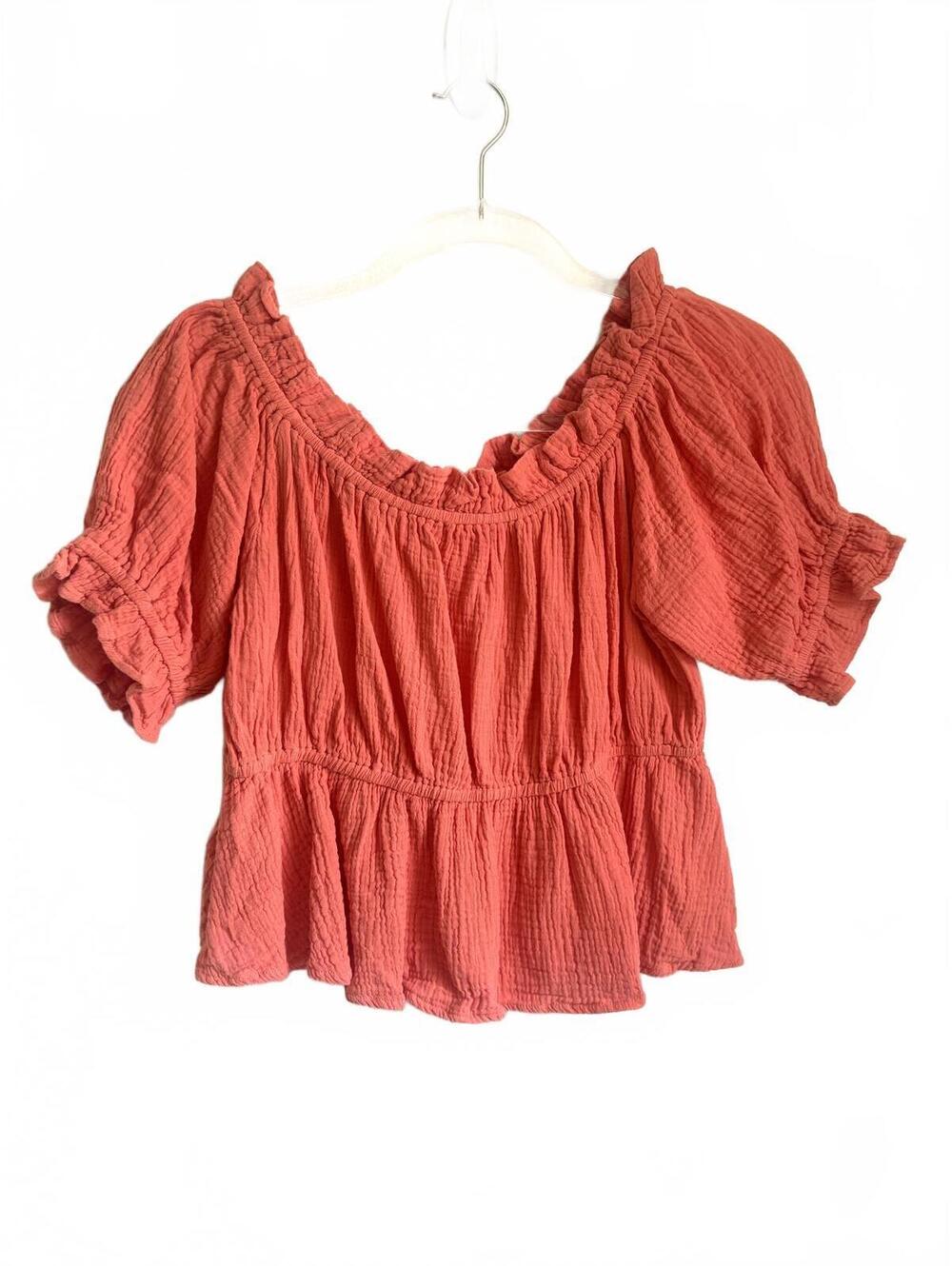 Bibi | Coral Orange Short Sleeve Croped Crinkle Waffle Stretchy Shirt Size L
